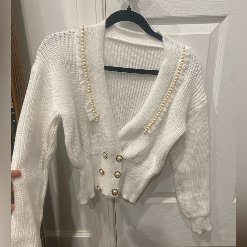 Comfy White Sweater with Pearl & Gold Accents